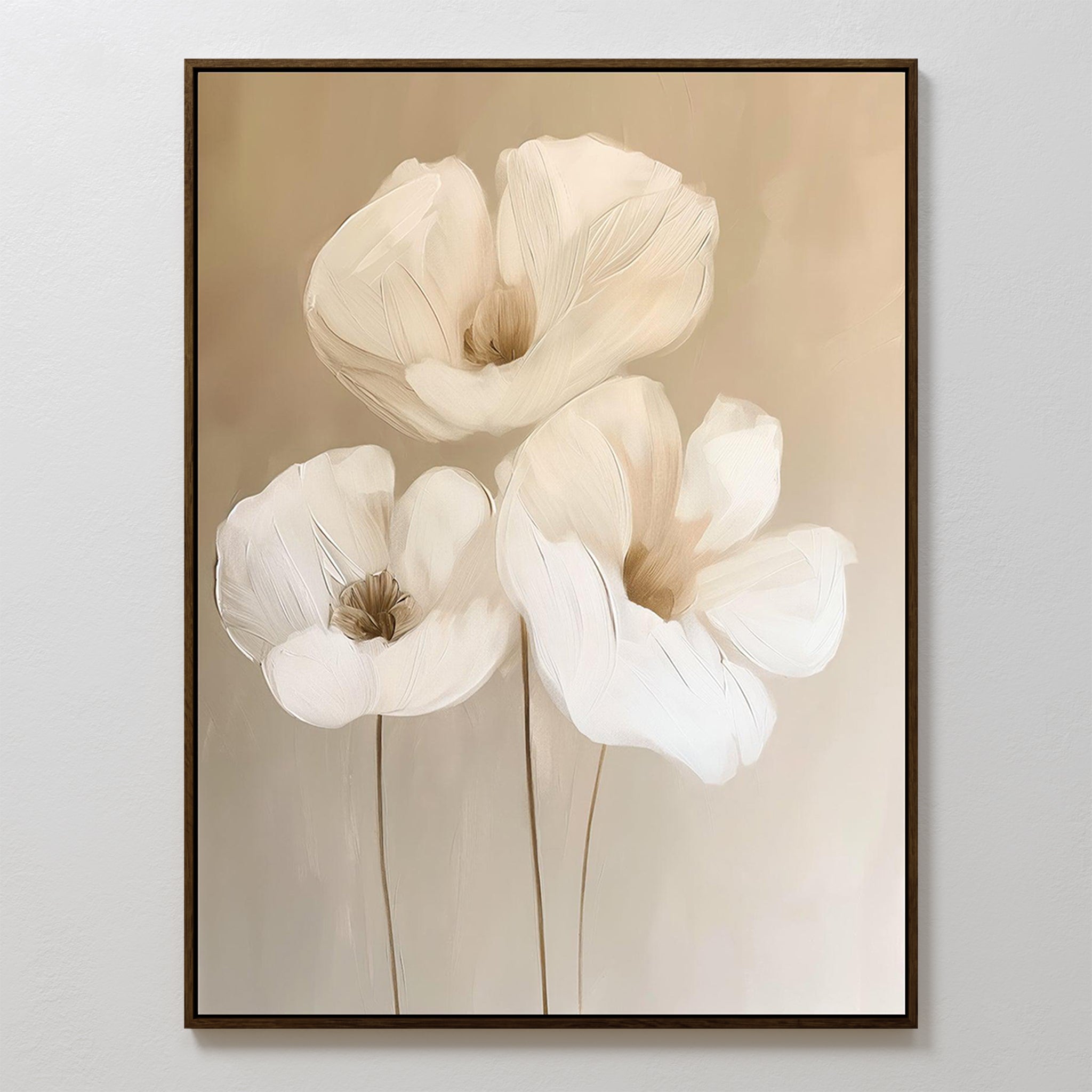Blossom Trio Abstract Canvas Art features three delicate white flowers on soft beige backgrounds with light brown stems, bringing minimalist elegance to any living room decor.