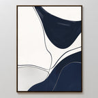 Curved Lines Abstract Canvas Art features flowing navy blue, black, and gray shapes with thin, curving black lines on a white background. This minimalist framed piece brings modern sophistication to any living room decor.