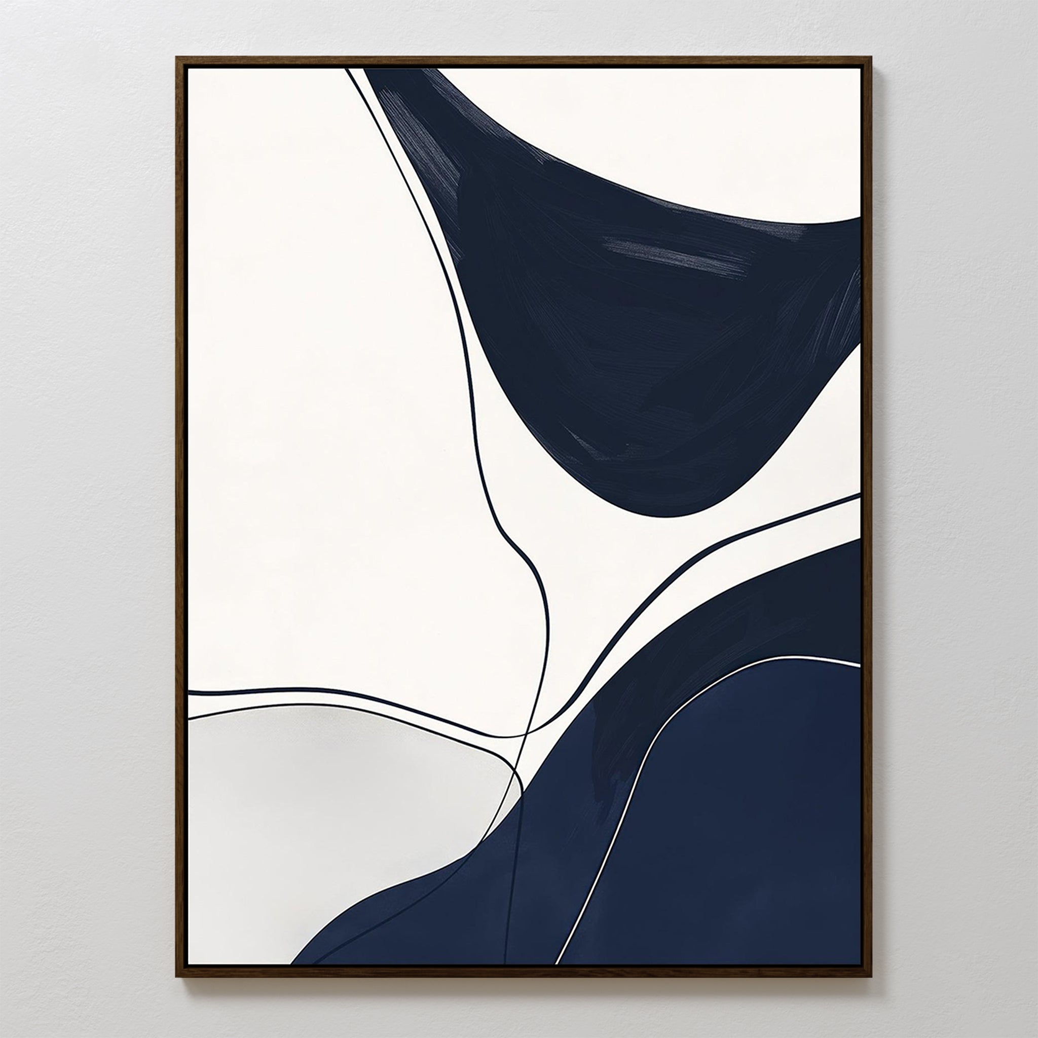 Curved Lines Abstract Canvas Art features flowing navy blue, black, and gray shapes with thin, curving black lines on a white background. This minimalist framed piece brings modern sophistication to any living room decor.