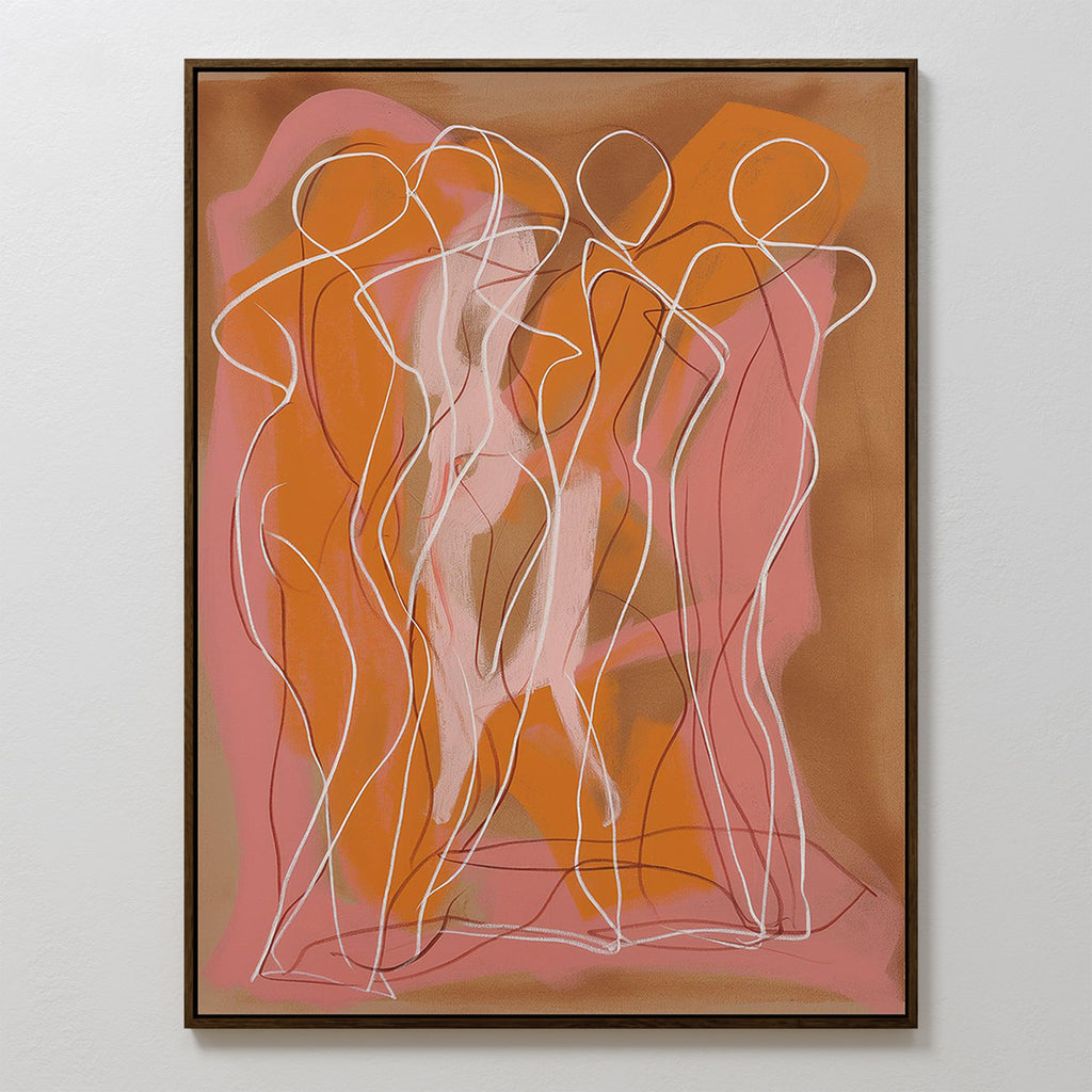 Dancing Silhouettes Abstract Canvas Art features overlapping white line drawings of human figures on a brown and orange background with pink and orange brushstrokes—perfect modern or minimalist wall art for living room decor.