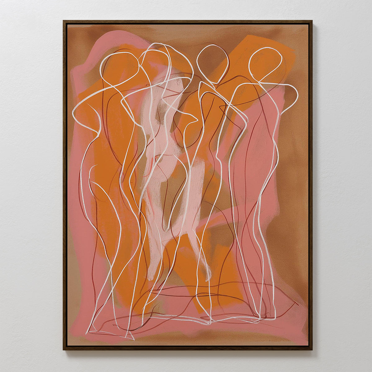 Dancing Silhouettes Abstract Canvas Art features overlapping white line drawings of human figures on a brown and orange background with pink and orange brushstrokes—perfect modern or minimalist wall art for living room decor.
