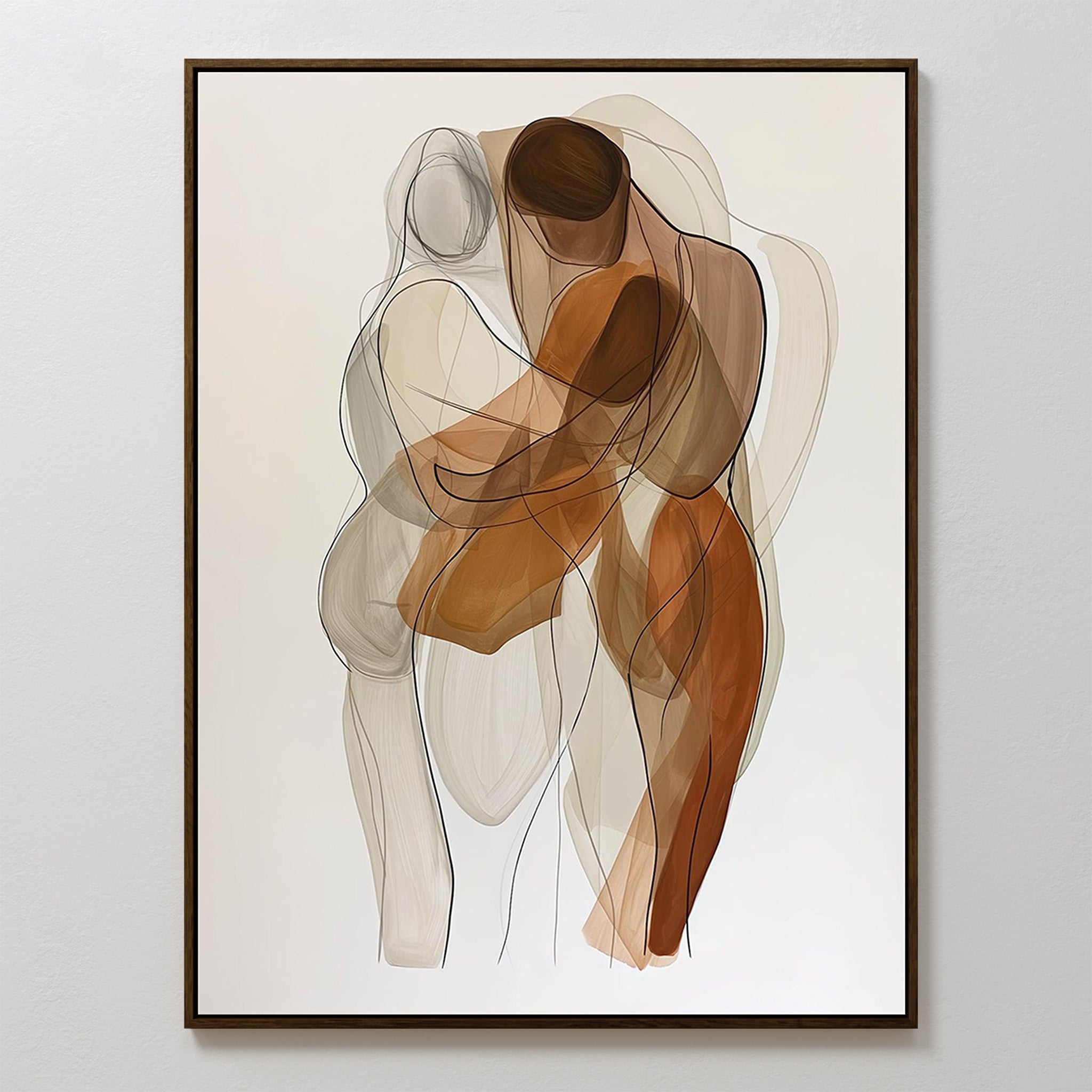 Embrace Abstract Canvas Art features two intertwined human figures in translucent, overlapping earth tones on a white background—ideal minimalist wall decor to add intimacy and movement to your living room.