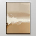 The Ethereal Plains Abstract Canvas Art features beige, brown, and white cloud-like shapes blending softly on canvas. Minimalist and framed in a thin dark frame, it’s ideal modern decor for any light-colored living room wall.