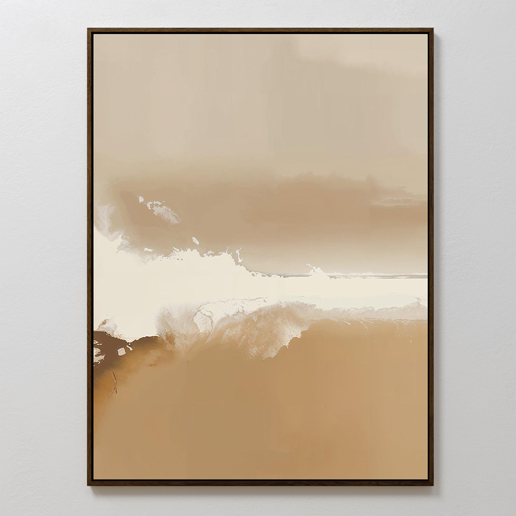The Ethereal Plains Abstract Canvas Art features beige, brown, and white cloud-like shapes blending softly on canvas. Minimalist and framed in a thin dark frame, it’s ideal modern decor for any light-colored living room wall.