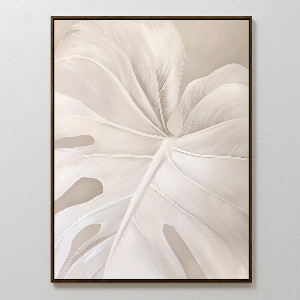 Leaf Whisper Abstract Canvas Art showcases a close-up of a pale monstera leaf in soft beige and white tones on a neutral background, making it the ideal minimalist wall art for modern spaces.
