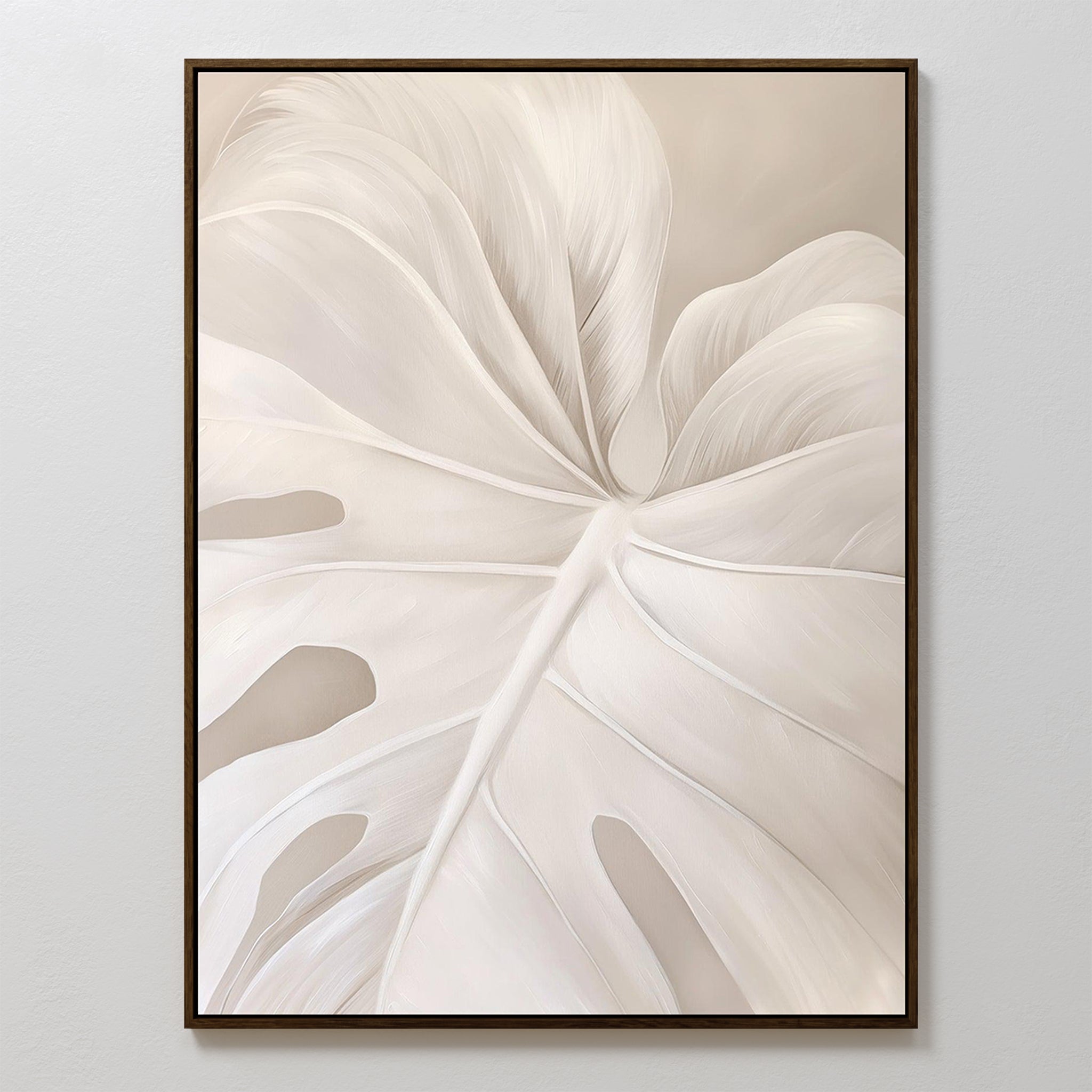 Leaf Whisper Abstract Canvas Art showcases a close-up of a pale monstera leaf in soft beige and white tones on a neutral background, making it the ideal minimalist wall art for modern spaces.