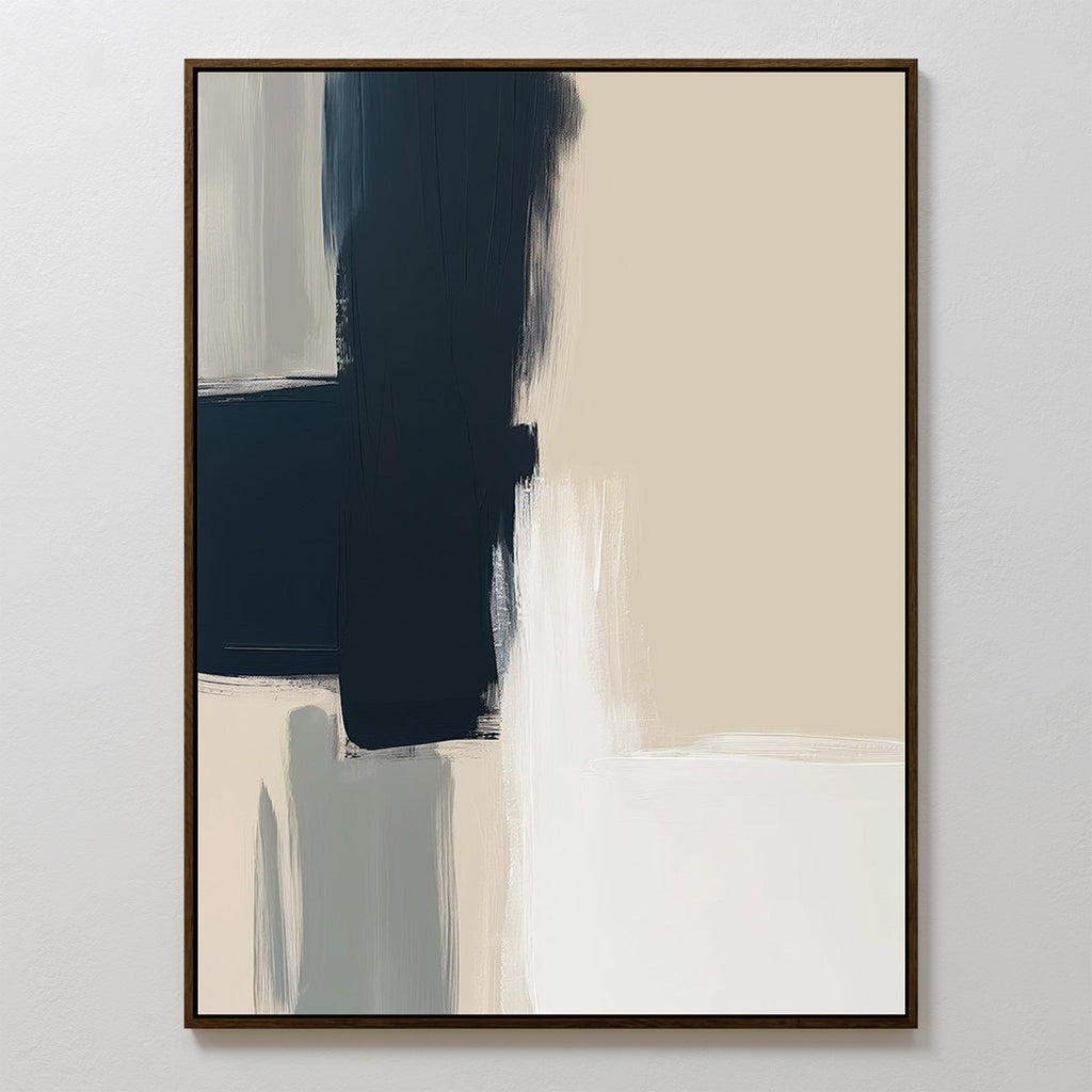 Modern Contrast Abstract Canvas Art features bold vertical and horizontal strokes in navy blue, beige, light gray, and white, framed thinly in dark color against a white wall for a sleek modern touch to any space.