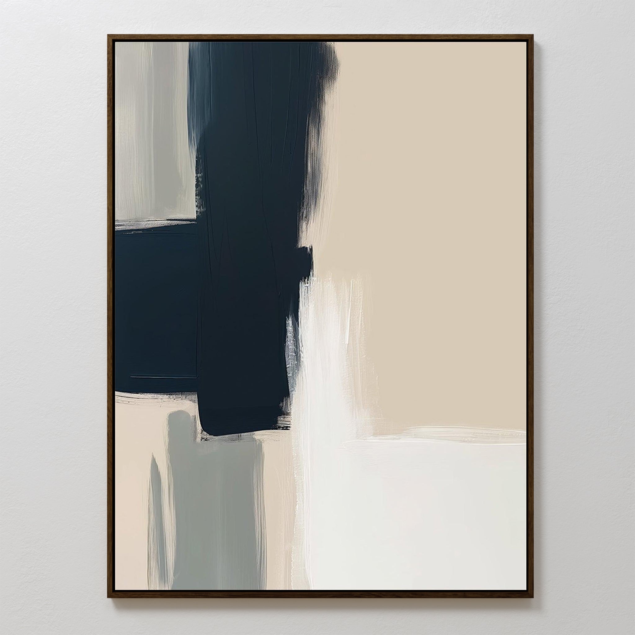 Modern Contrast Abstract Canvas Art features bold vertical and horizontal strokes in navy blue, beige, light gray, and white, framed thinly in dark color against a white wall for a sleek modern touch to any space.