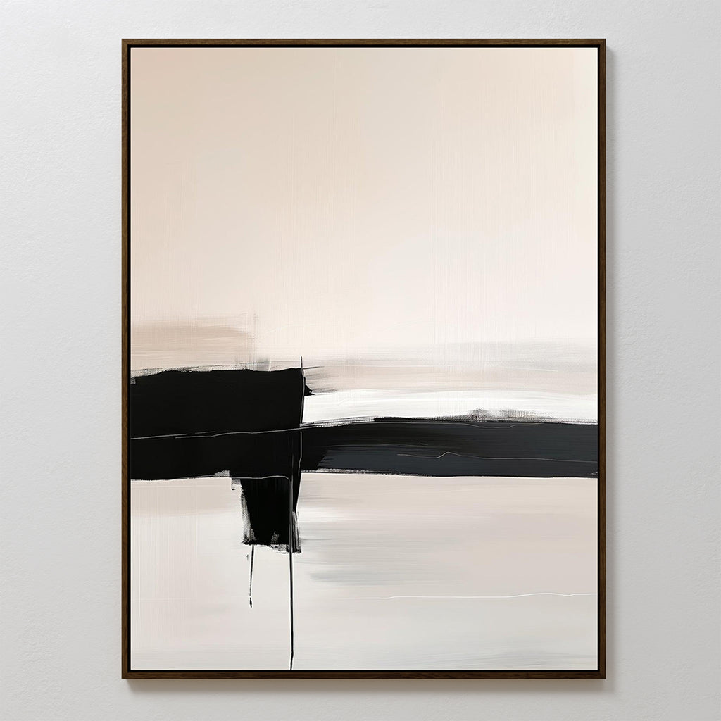 Monochrome Horizon Abstract Canvas Art showcases horizontal black and beige brushstrokes on a light background. This simply framed, minimalist wall art adds bold modern contrast to any space.
