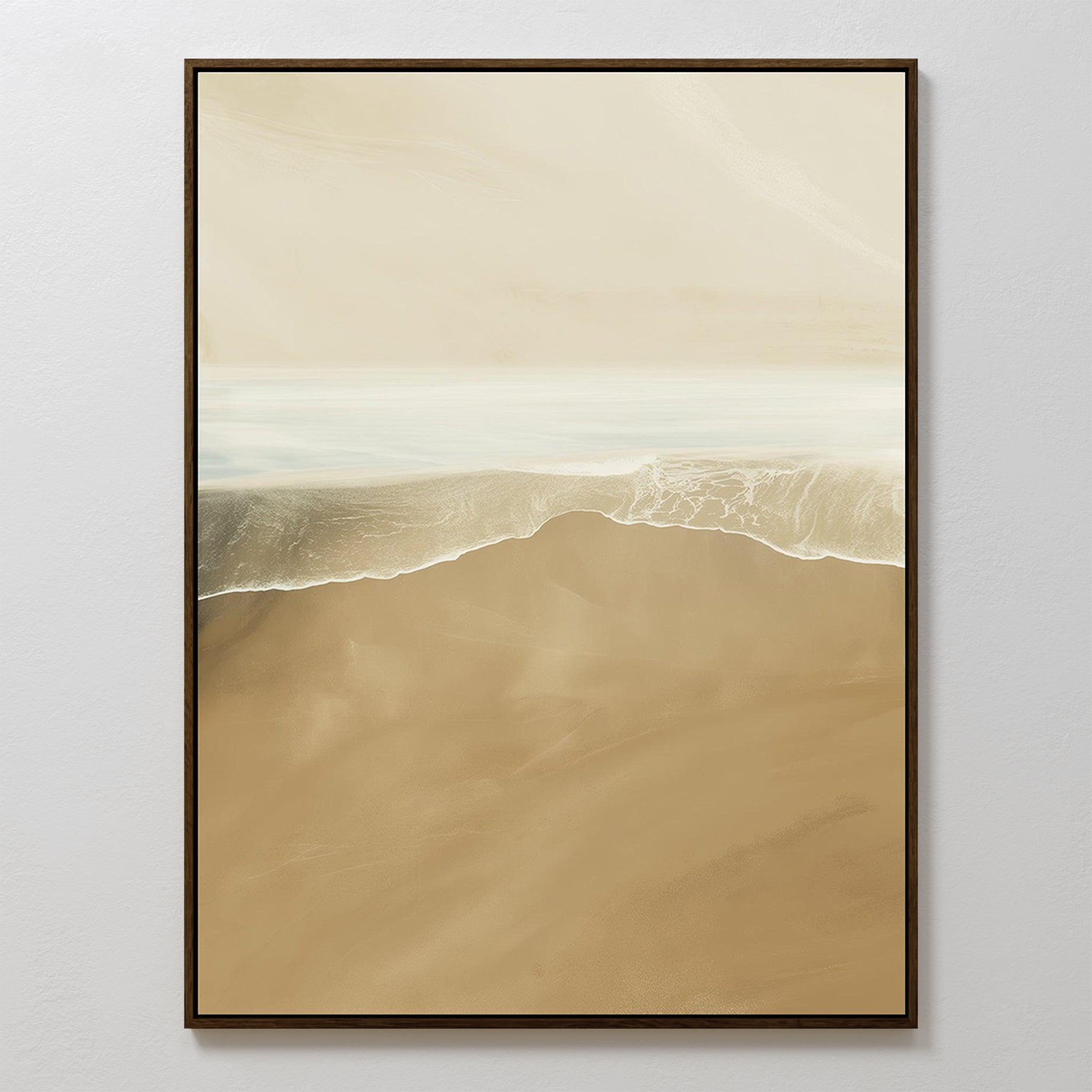The Sand and Sea Abstract Canvas Art features minimalist wall art of a sandy beach and gentle waves beneath a hazy sky, rendered in soft beige, tan, and white tones to bring serene style to any neutral home decor.