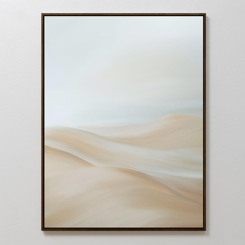 Serene Peaks Abstract Canvas Art features soft sand dunes in muted beige and cream with a hazy sky, adding serene minimalism to any space and looking stunning on a white wall.