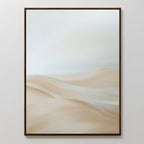 Serene Peaks Abstract Canvas Art features soft sand dunes in muted beige and cream with a hazy sky, adding serene minimalism to any space and looking stunning on a white wall.