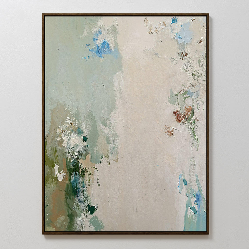 Serenity Garden Abstract Canvas Art in a slim black frame with blended shades of light green, blue, beige, and brown. Painterly textures create a tranquil, airy feel—perfect for adding calm to any space.