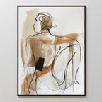 Sitting Silhouette Abstract Canvas Art features line art of a seated figure, viewed from the back, with loose black and brown brushstrokes on a white background. Artwork is framed in thin brown wood for a modern, minimalist look.