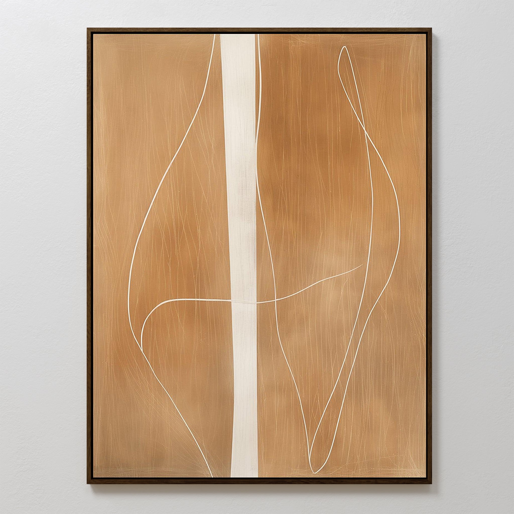 Soft Brown Flow Abstract Canvas Art features a tan background with a bold vertical cream stripe and wavy white lines. This minimalist piece is elegantly framed in thin black, making it perfect for elevating your living room decor.
