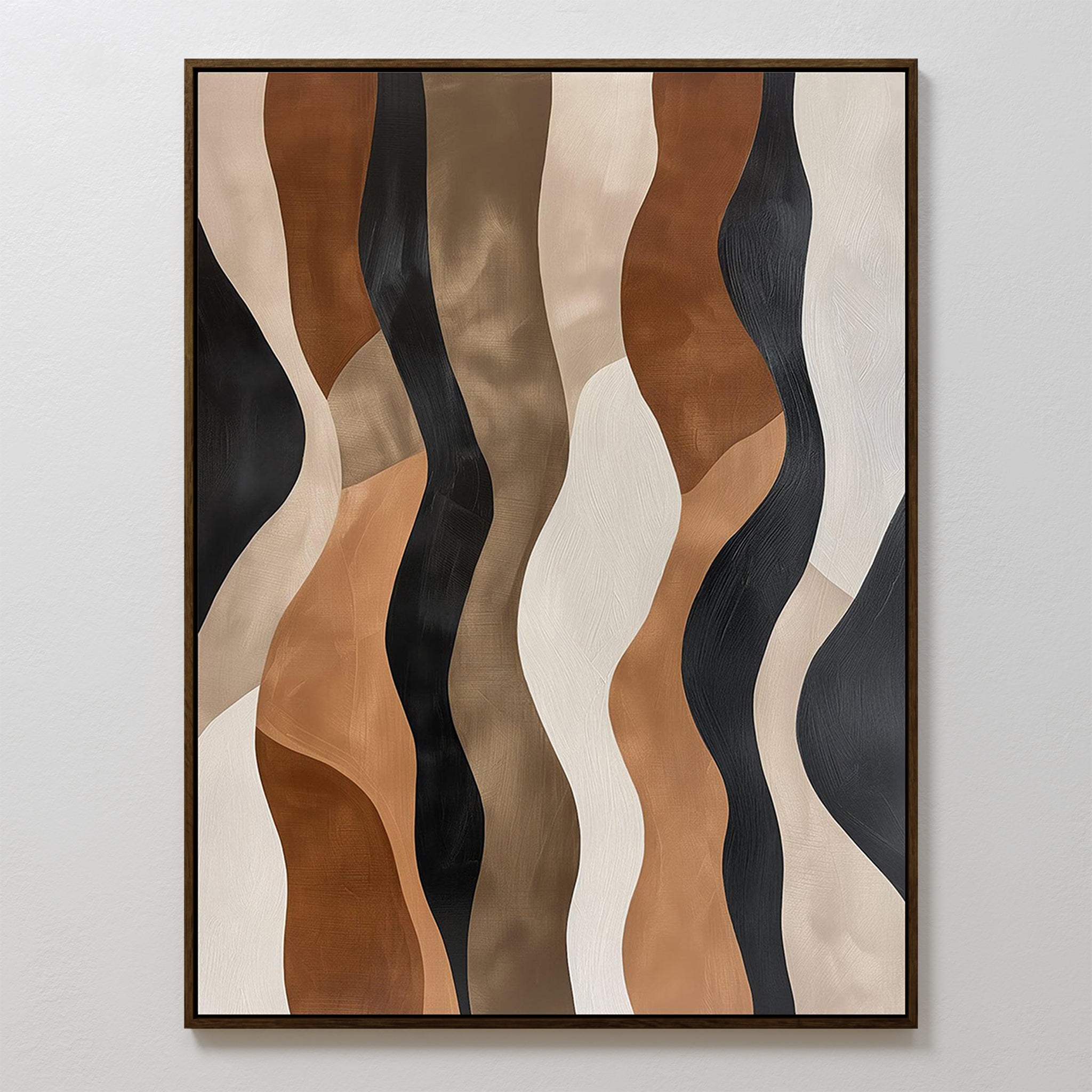Wavy Patterns Abstract Canvas Art showcases wavy vertical shapes in brown, black, beige, and cream on a rectangular canvas with a thin dark frame—perfect for bringing modern elegance and fluid style to your decor.