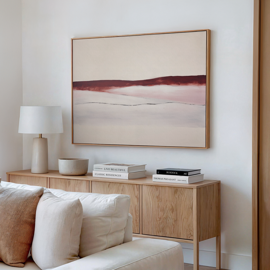 The Crimson Horizon Abstract Canvas Art adds a touch of modern wall art, making it perfect for stylish living room decor.