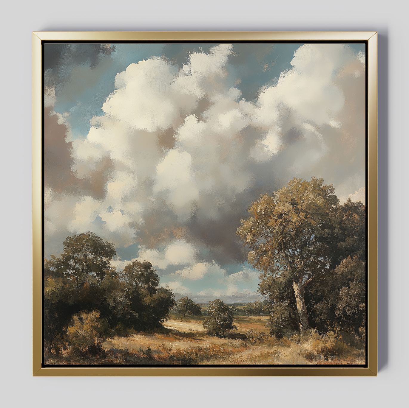 Gathering Storm Canvas Art features a framed landscape with tall trees, open grassy fields, and a bright sky. This tranquil wall art brings warmth and serenity, making it an ideal choice for living room decor.