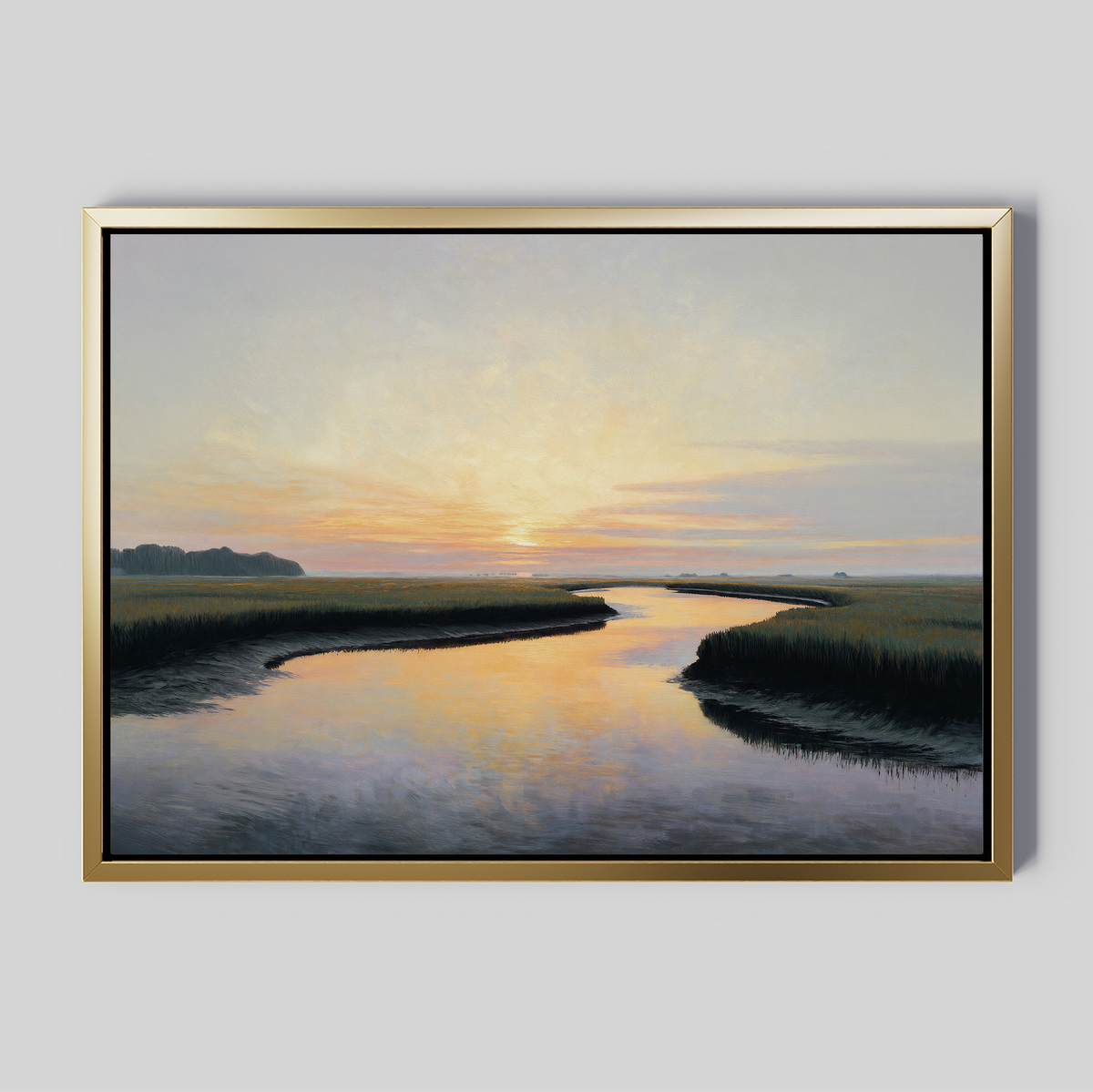 The Tidal Whispers Canvas Art - Horizontal showcases a river winding through grassy marshlands at sunset with pastel reflections and a soft sky—perfect coastal marsh wall art.