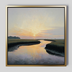 Bring tranquility to your space with Tidal Whispers Canvas Art - Square, featuring a serene river winding through marshlands at sunset in warm orange and yellow tones, beautifully framed for the perfect sunset wall art.