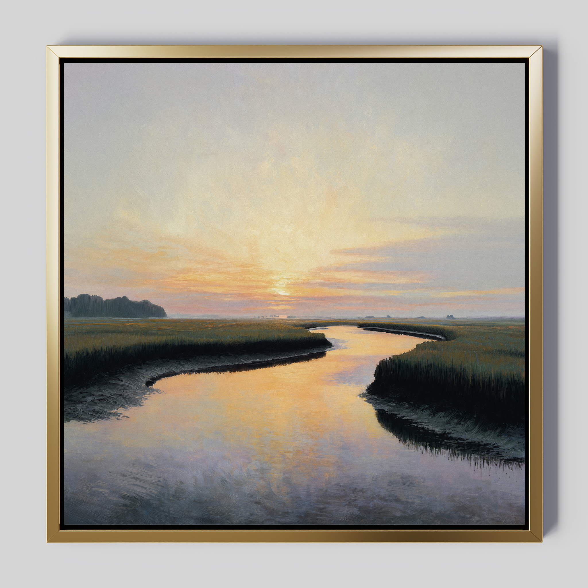 Bring tranquility to your space with Tidal Whispers Canvas Art - Square, featuring a serene river winding through marshlands at sunset in warm orange and yellow tones, beautifully framed for the perfect sunset wall art.