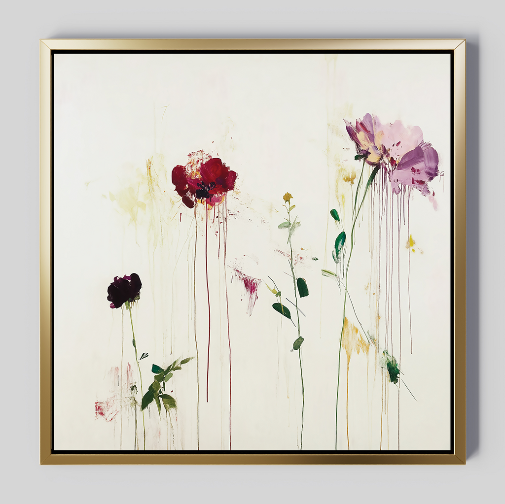 The Wild Flower Canvas Art features abstract red, purple, and yellow flowers with paint drips on a white background, creating a minimalistic modern floral look.