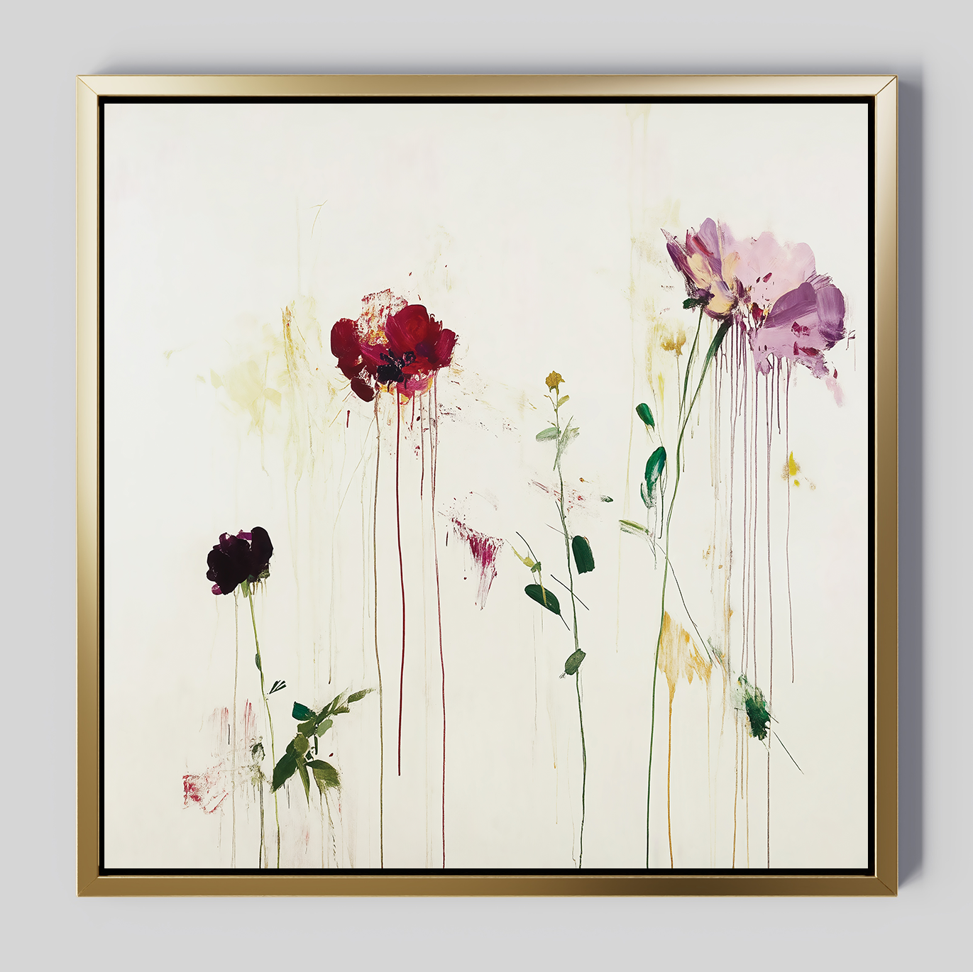 The Wild Flower Canvas Art features abstract red, purple, and yellow flowers with paint drips on a white background, creating a minimalistic modern floral look.