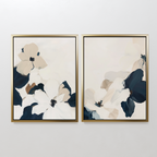 The Floral Serenity Set of 2 features framed abstract floral wall art with large beige and navy blue petals, adding modern elegance to your living room decor.