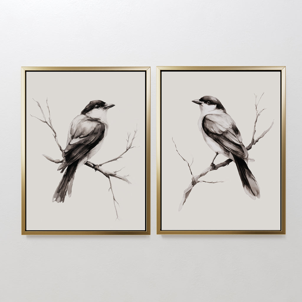 The Still Perch Set of 2 features framed black-and-white bird art prints, each bird facing the center on bare branches. Mounted side by side, theyre ideal for Nordic Park-inspired spaces or those who love neutral wall art.