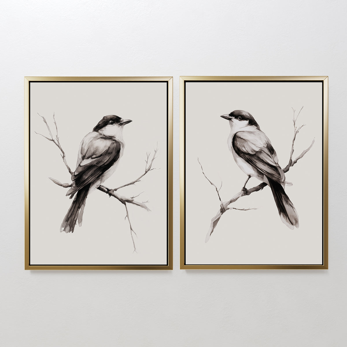 The Still Perch Set of 2 features framed black-and-white bird art prints, each bird facing the center on bare branches. Mounted side by side, theyre ideal for Nordic Park-inspired spaces or those who love neutral wall art.