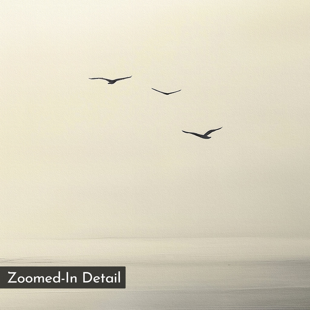 Three birds soar across a pale sky above tranquil water in "Above the Calm Canvas Art"—a perfect minimalist wall decor for modern, serene spaces. "Zoomed-In Detail" is displayed in the bottom left corner.