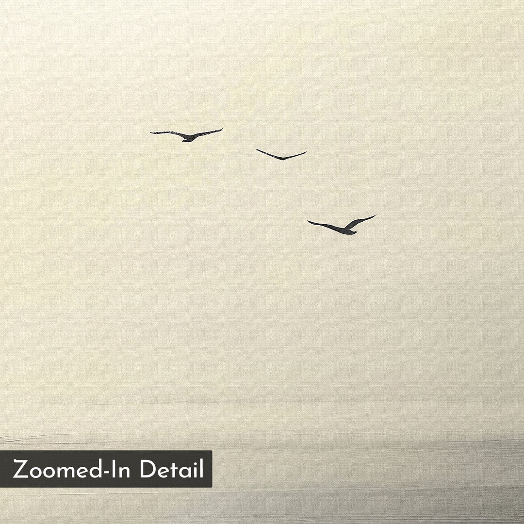 Three birds soar across a pale sky above tranquil water in "Above the Calm Canvas Art"—a perfect minimalist wall decor for modern, serene spaces. "Zoomed-In Detail" is displayed in the bottom left corner.