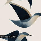 Abstract Birds in Motion Canvas Art features two stylized birds in flight, depicted with smooth blue, gray, and beige tones on a light background. A black corner label reads "Zoomed-In Detail"—a striking piece of Nordic wall art.