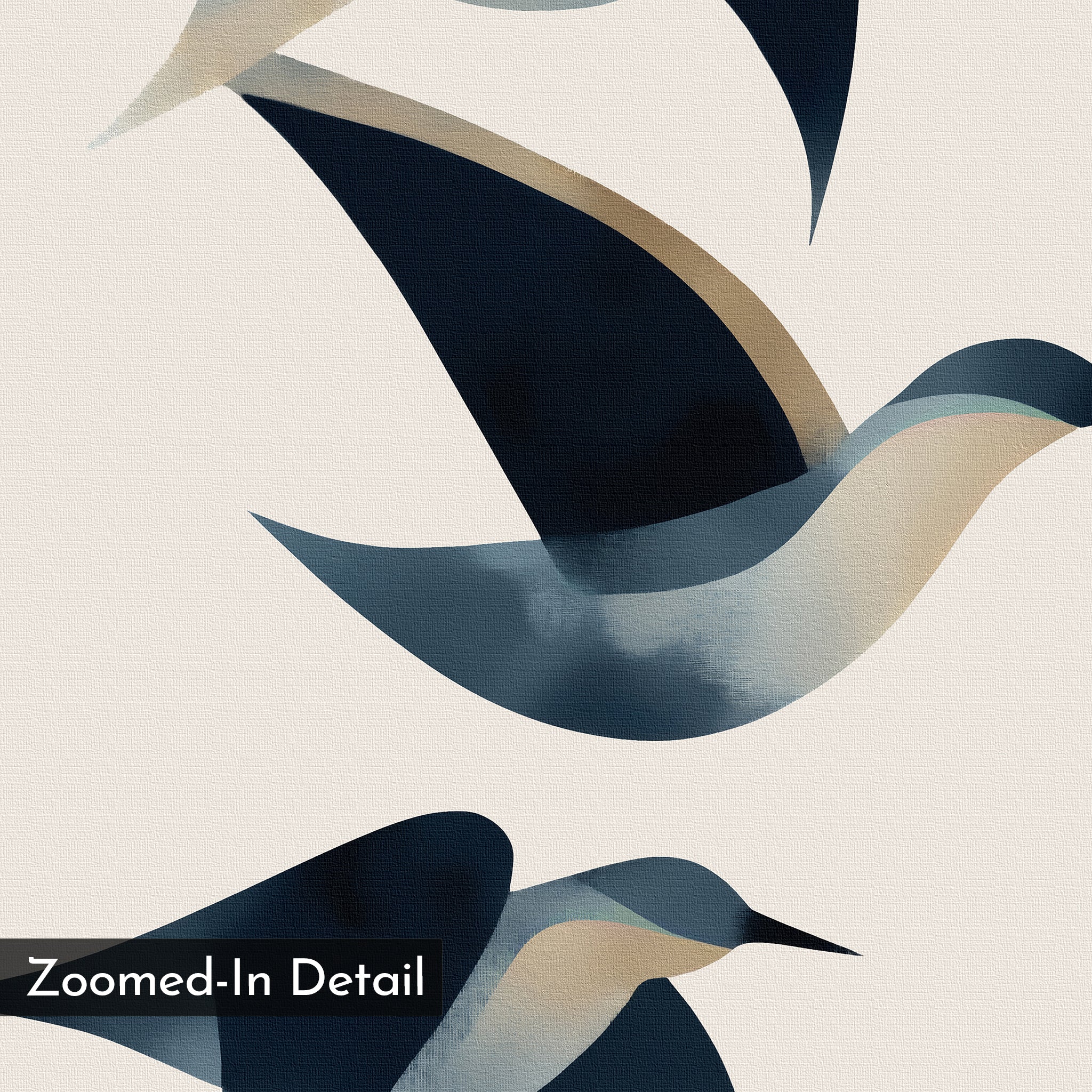 Abstract Birds in Motion Canvas Art features two stylized birds in flight, depicted with smooth blue, gray, and beige tones on a light background. A black corner label reads "Zoomed-In Detail"—a striking piece of Nordic wall art.