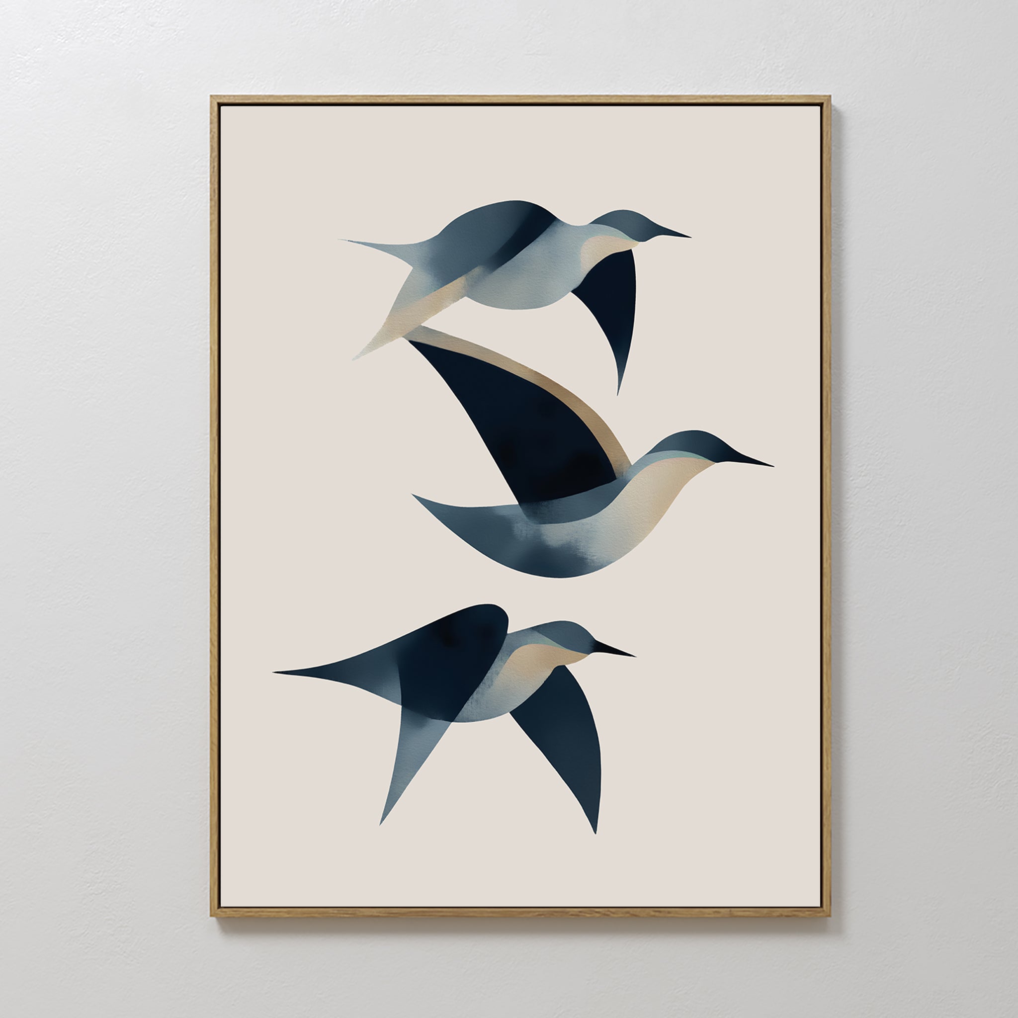 Abstract Birds in Motion Canvas Art features three stylized birds in blue, white, and beige soaring diagonally on a light beige background. Framed in sleek gold, this modern print brings Nordic Park-inspired elegance to any space.