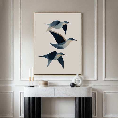 Abstract Birds in Motion Canvas Art in blue and beige hangs above a white marble console table with minimalist candles and modern ceramic vases—ideal for bringing Nordic Park style to your room.