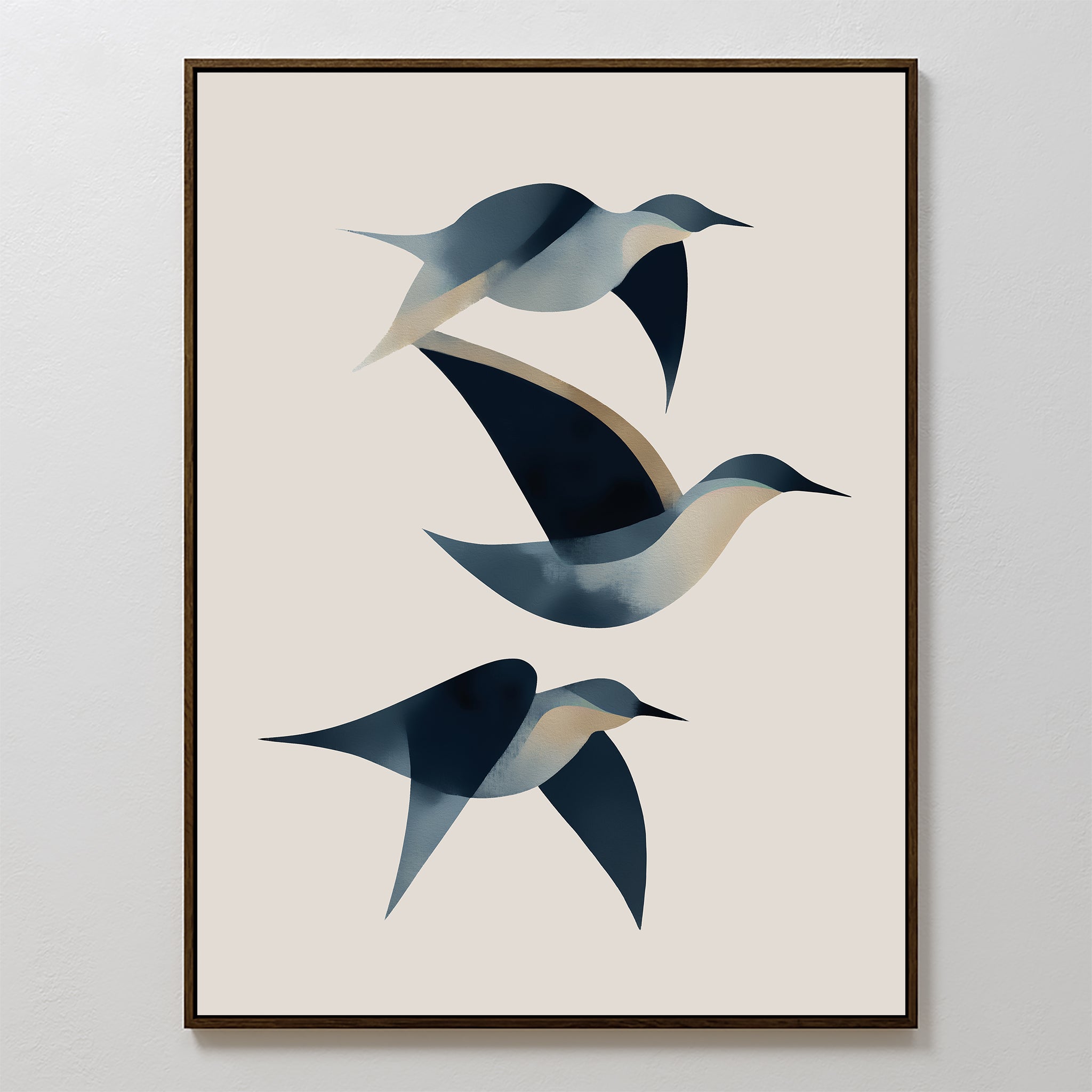 Abstract Birds in Motion Canvas Art features three stylized birds in flight, crafted with smooth blue and beige shapes on a light background and set in a simple dark frame for a modern Nordic touch.
