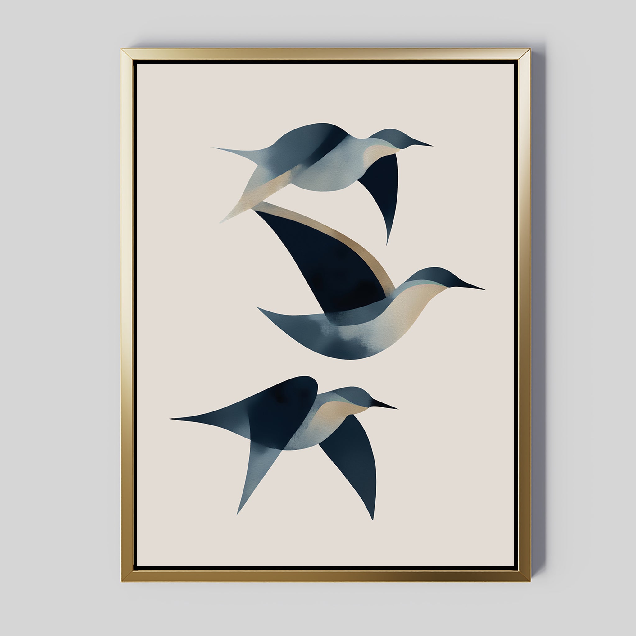 Abstract Birds in Motion Canvas Art features three blue and beige abstract birds flying on a light backdrop, set in a slim gold frame. This minimalist wall print brings Nordic Park-inspired elegance to any space.