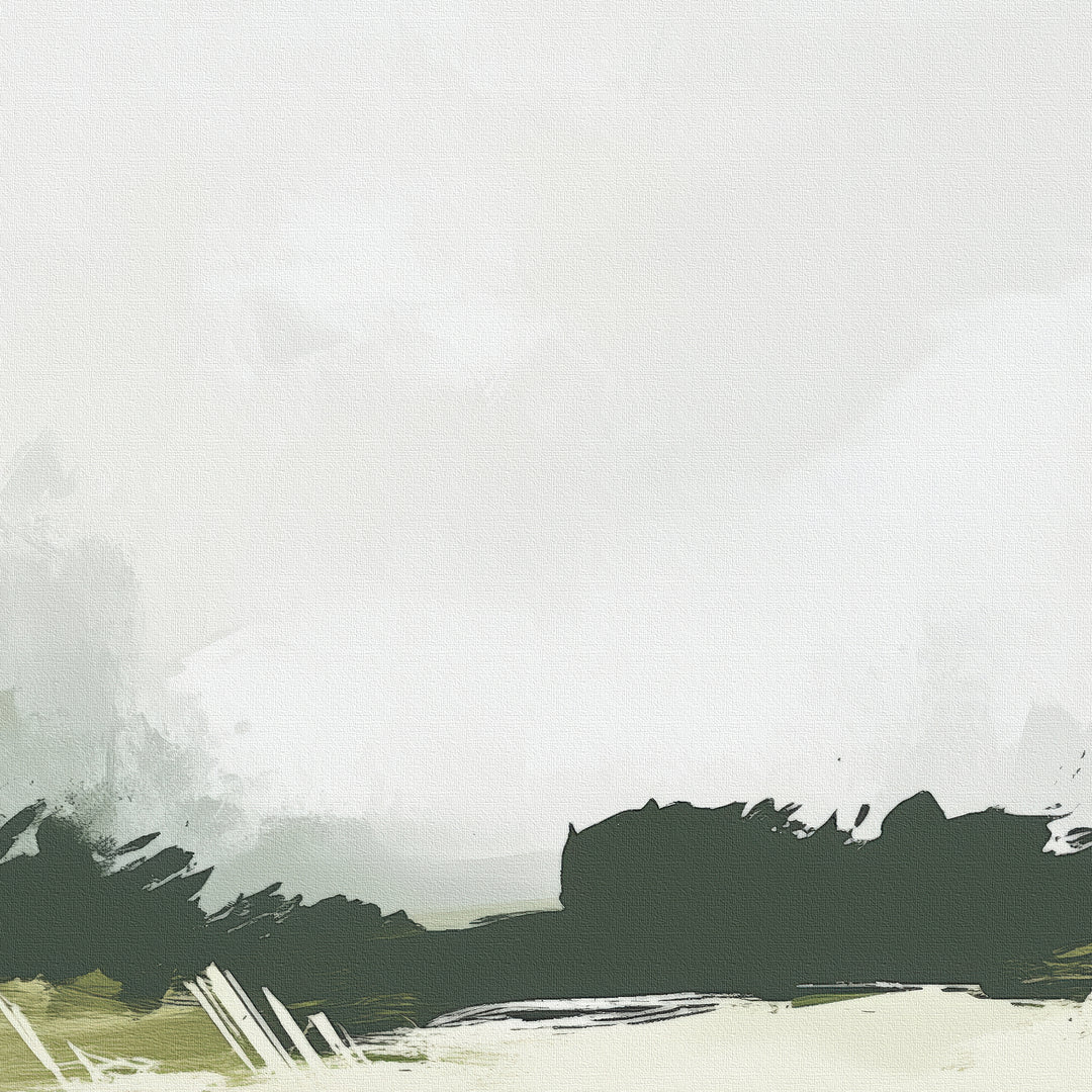 Abstract Glade Canvas Art features dark green and black brushstrokes evoking trees against a light gray and white sky—minimalist wall art perfect for adding a serene, calming touch to your decor.