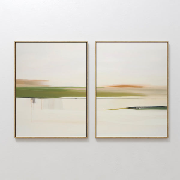 The Abstract Horizons Set of 2 features minimalist wall art with soft, blurred horizontal lines in earthy green, brown, and beige tones, each canvas framed in thin gold and displayed side by side for a modern look.