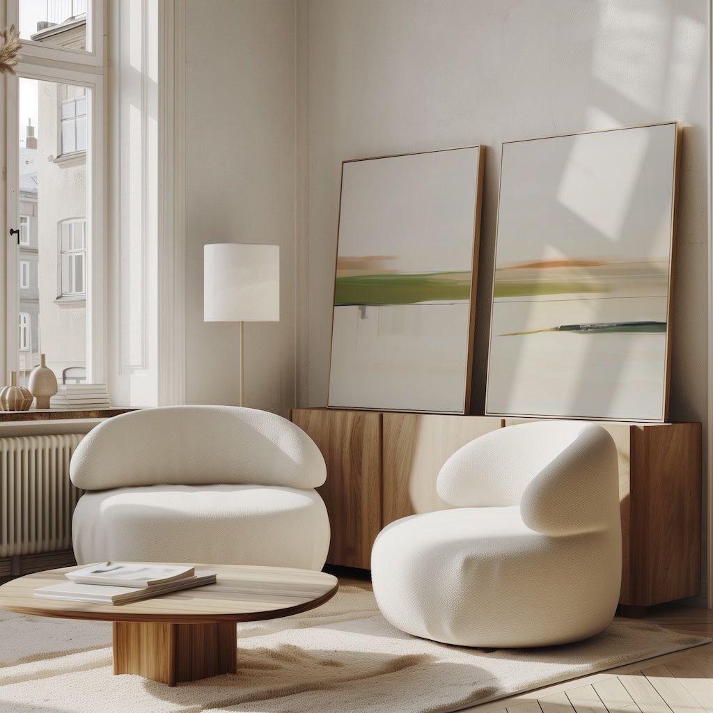 A modern living room with two white lounge chairs, a low wooden table, and large windows is finished with minimalist decor in neutral tones and the Abstract Horizons Set of 2 canvas as striking modern wall art.
