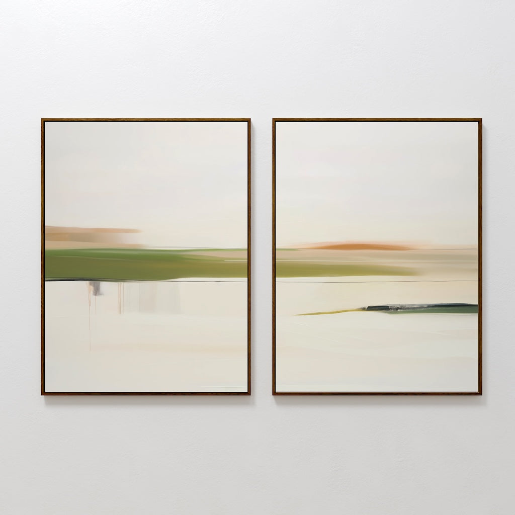 The Abstract Horizons Set of 2 features framed paintings with soft, horizontal strokes in muted green, tan, and white tones, creating a blurred landscape effect. This modern minimalist canvas set is perfect for side-by-side wall display.
