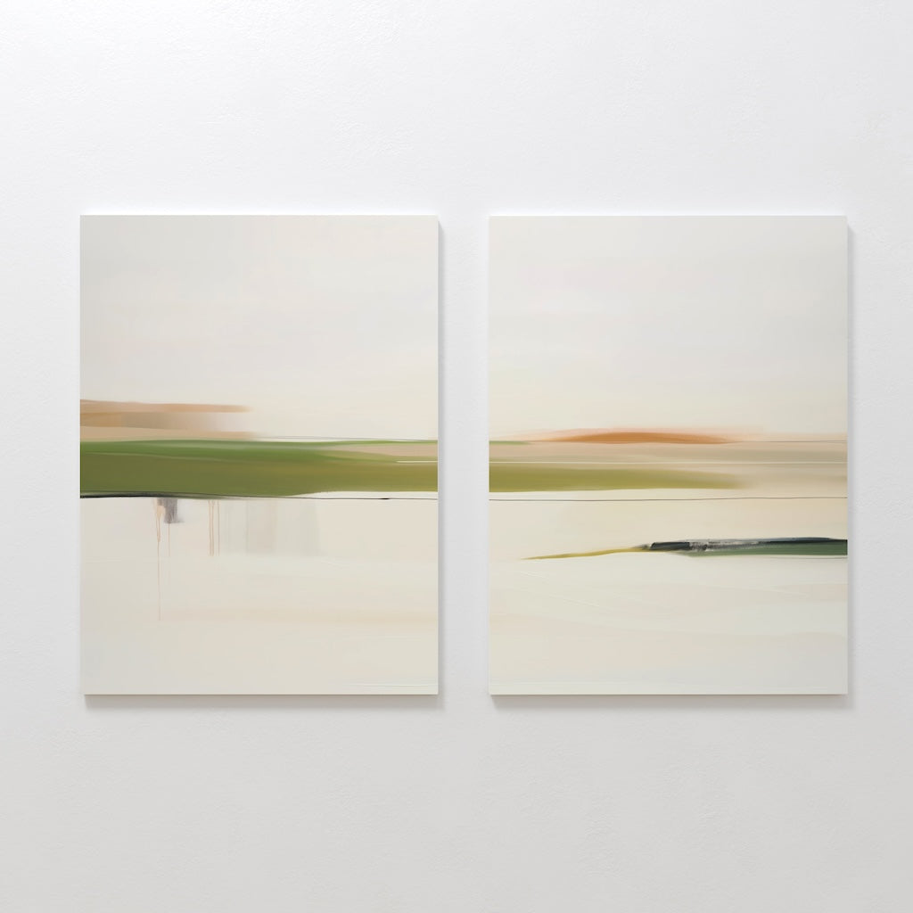 The Abstract Horizons Set of 2 features minimalist paintings with horizontal bands of soft green, beige, and orange tones on white canvas, evoking blurred landscapes. Display them side by side for a serene wall accent.