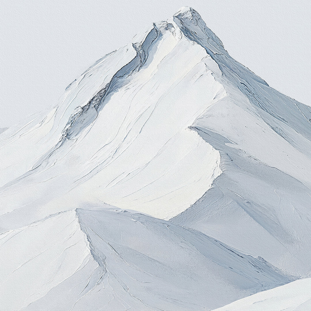 Bring serenity to your living room decor with Alpine Ascent Abstract Canvas Art—a minimalist illustration of snow-capped peaks in soft, pale blue tones, creating a tranquil winter landscape for your wall.
