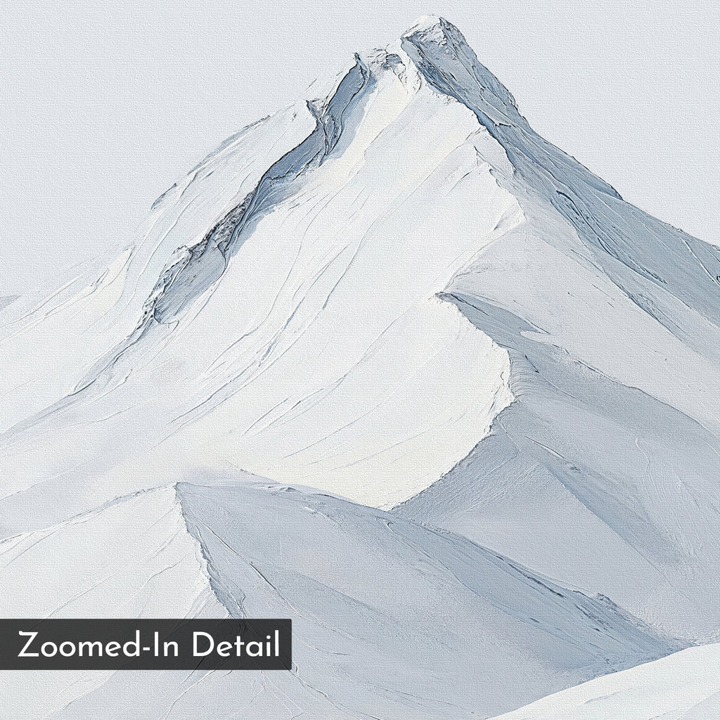 Alpine Ascent Abstract Canvas Art features a close-up of a snow-covered peak with sharp ridges and soft, painted textures. Ideal for minimalist or living room decor. "Zoomed-In Detail" label appears in the bottom left corner.