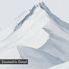 Alpine Ascent Abstract Canvas Art features a close-up of a snow-covered peak with sharp ridges and soft, painted textures. Ideal for minimalist or living room decor. "Zoomed-In Detail" label appears in the bottom left corner.