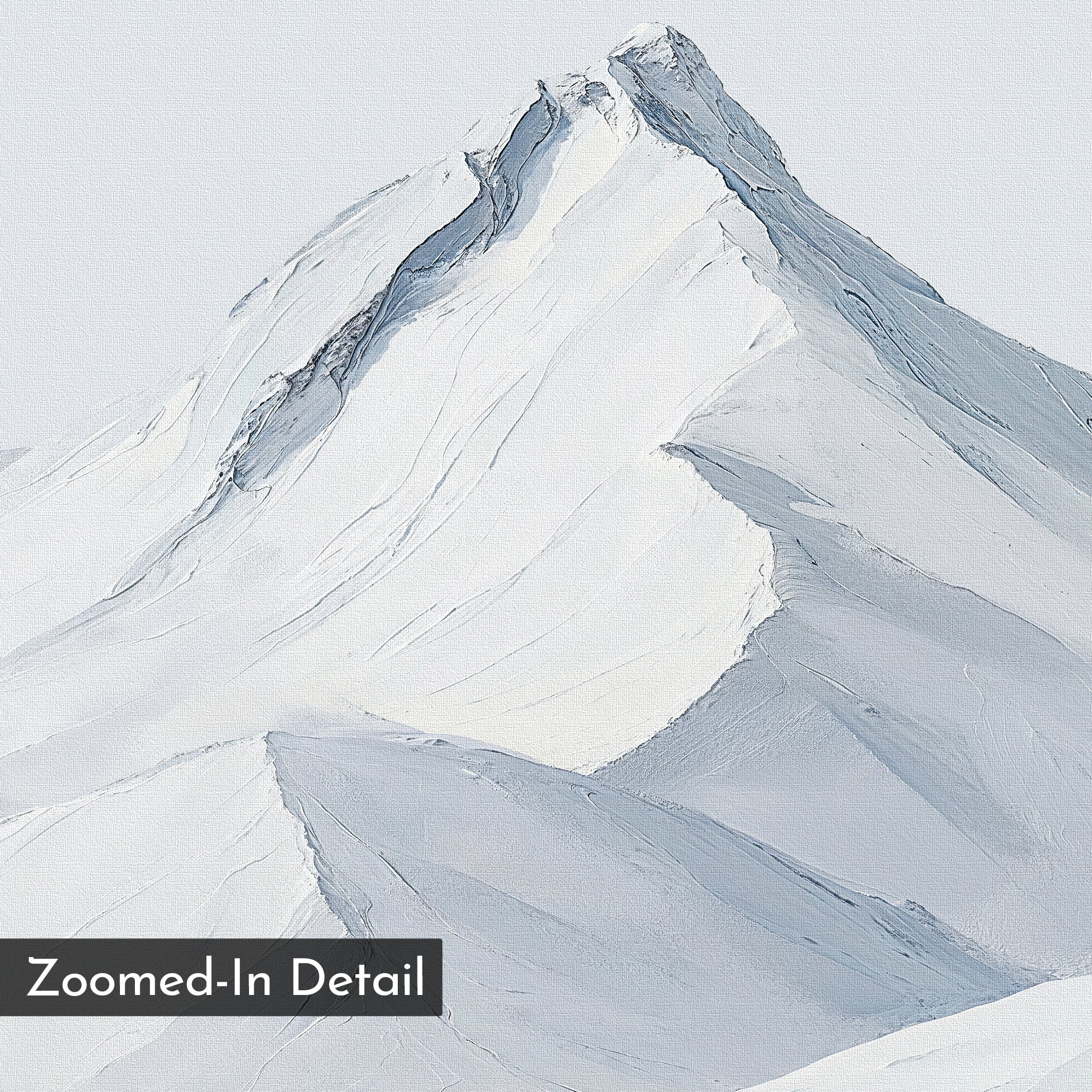 Alpine Ascent Abstract Canvas Art features a close-up of a snow-covered peak with sharp ridges and soft, painted textures. Ideal for minimalist or living room decor. "Zoomed-In Detail" label appears in the bottom left corner.