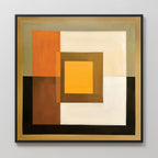 Amber Layers Abstract Canvas Art features a framed modern abstract painting with layered rectangles in orange, yellow, brown, black, and white, forming a geometric symmetrical pattern against a light-colored wall.