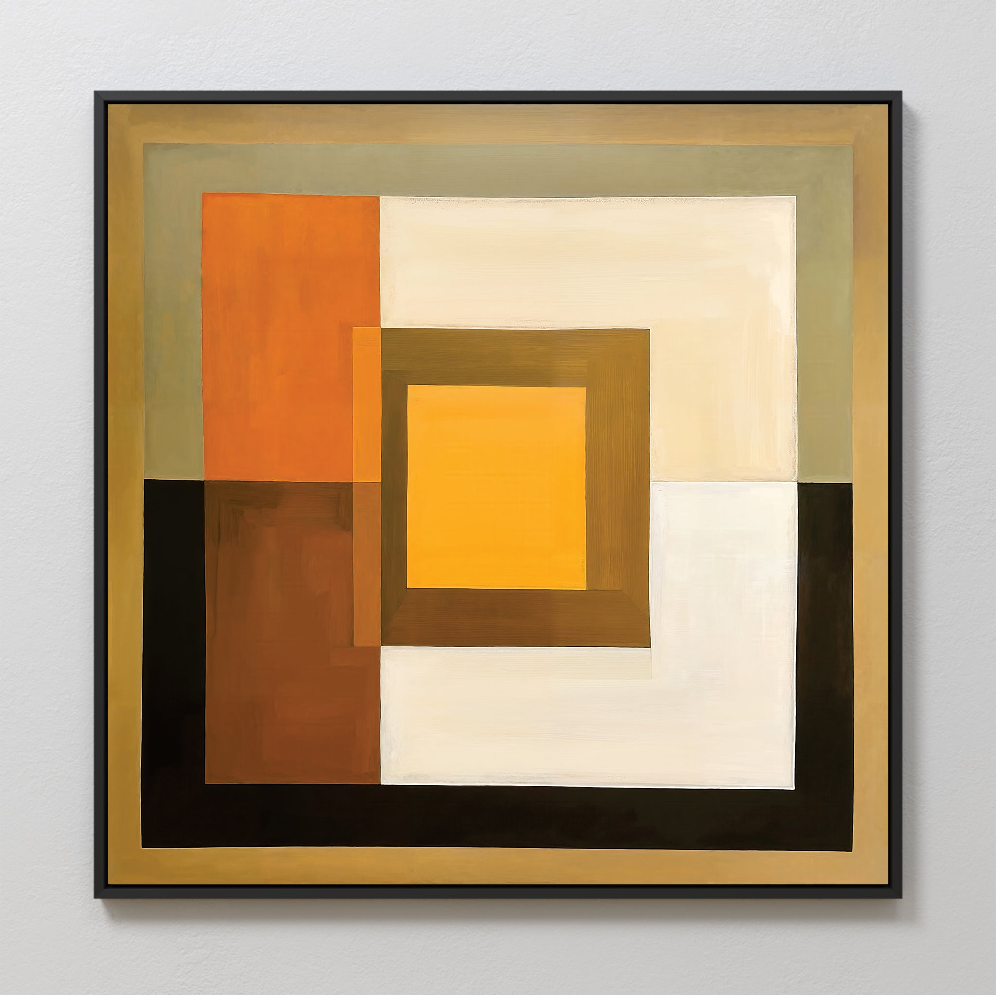Amber Layers Abstract Canvas Art features a framed modern abstract painting with layered rectangles in orange, yellow, brown, black, and white, forming a geometric symmetrical pattern against a light-colored wall.