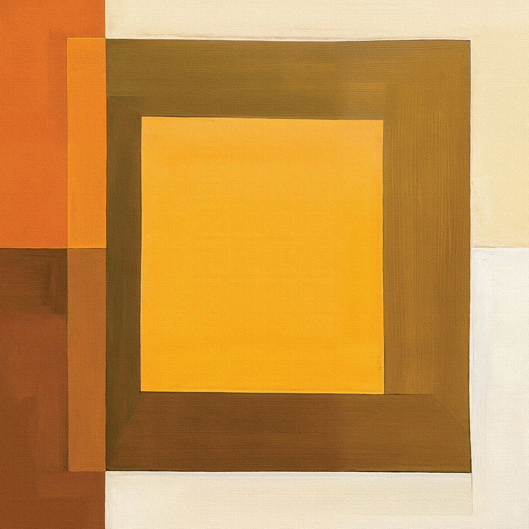 Amber Layers Abstract Canvas Art showcases overlapping squares and rectangles in yellow, orange, brown, and cream, centered on a bold yellow square with dark borders for a striking modern geometric accent.
